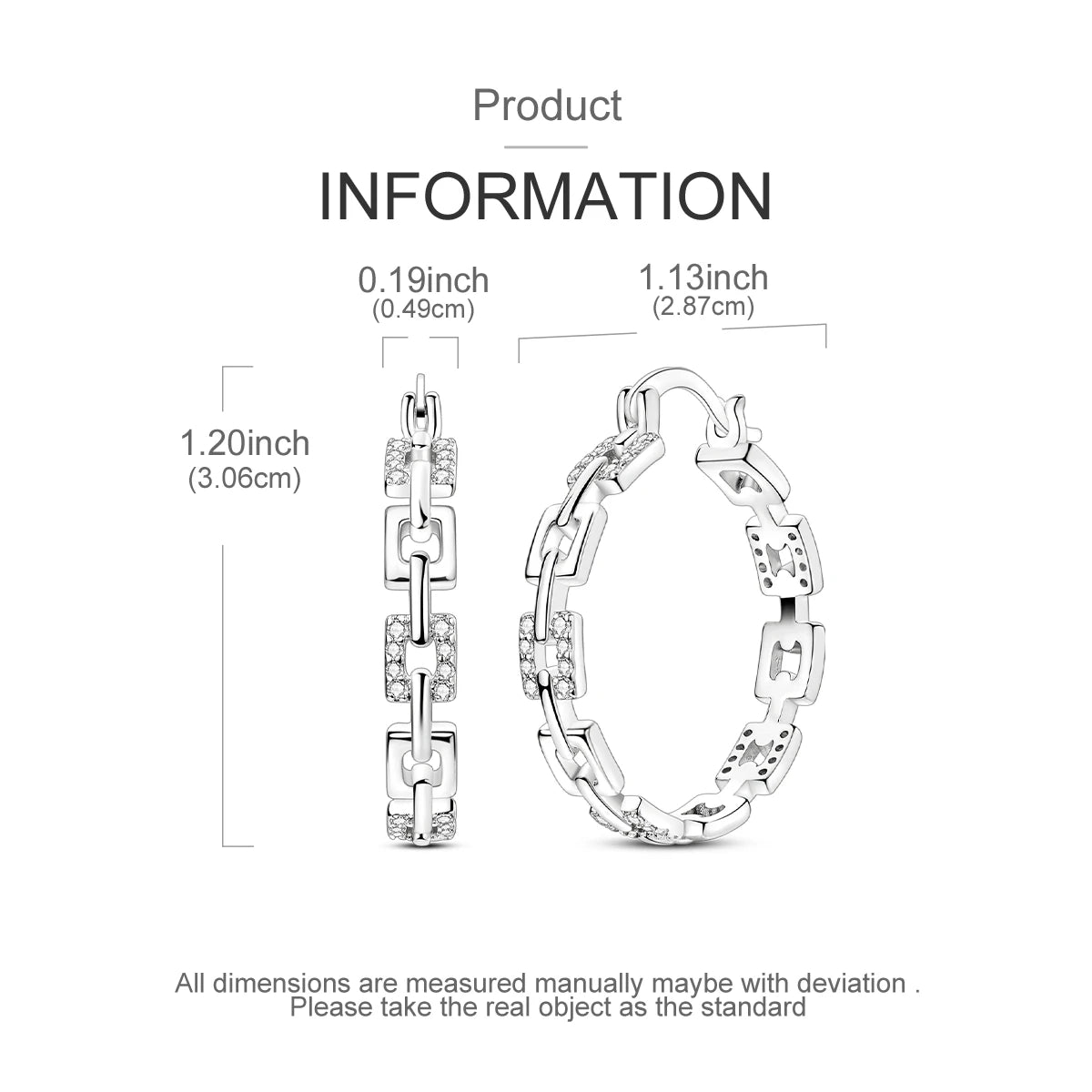 925 Sterling Silver Square Chain Stone Inlaid Hoop Earrings Trendy Jewellery