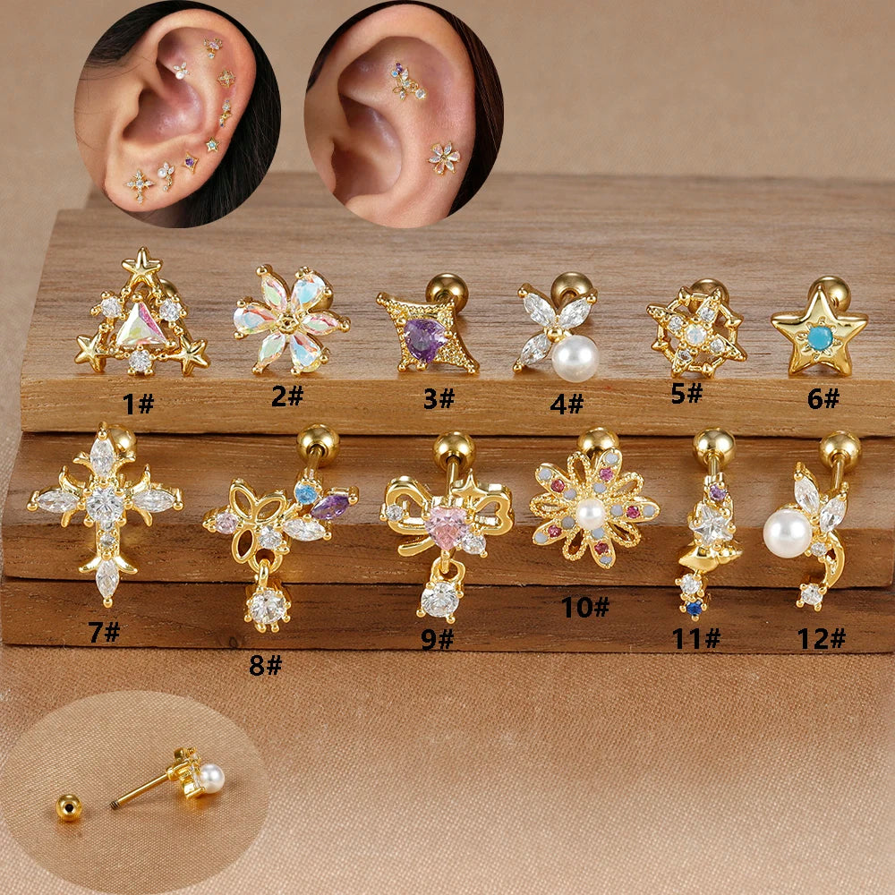 1PC Stainless Steel Mini Zircon Cross Stud Earrings Gold Helix Tragus