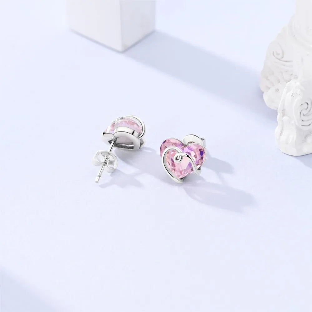 925 Sterling Silver Romantic Pink Love Heart Stud Earrings Birthday Gift
