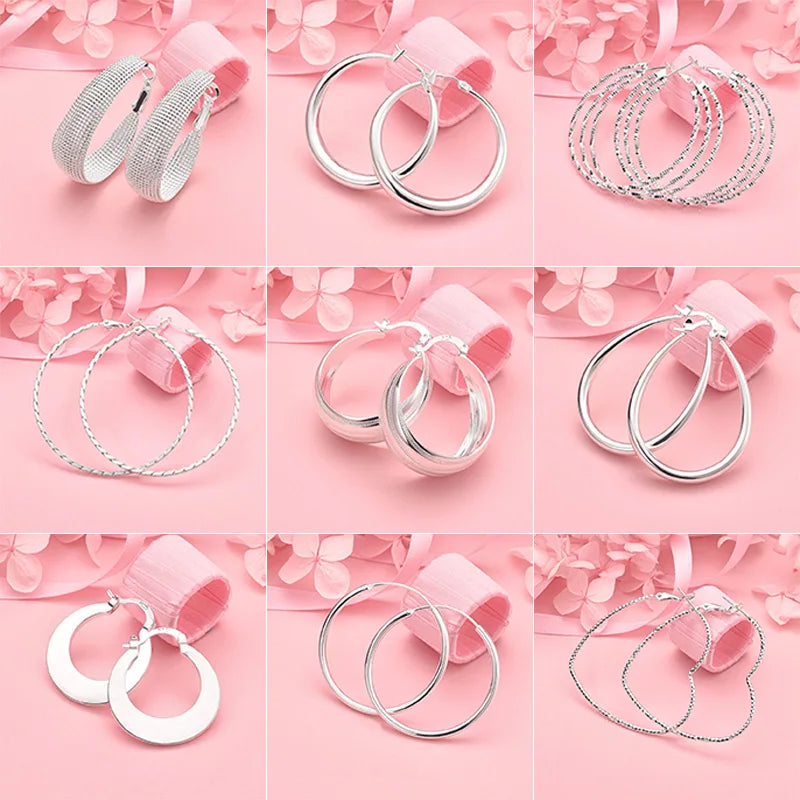 925 Sterling Silver Heart & Round Hoop Earrings Women Charm Party Jewellery