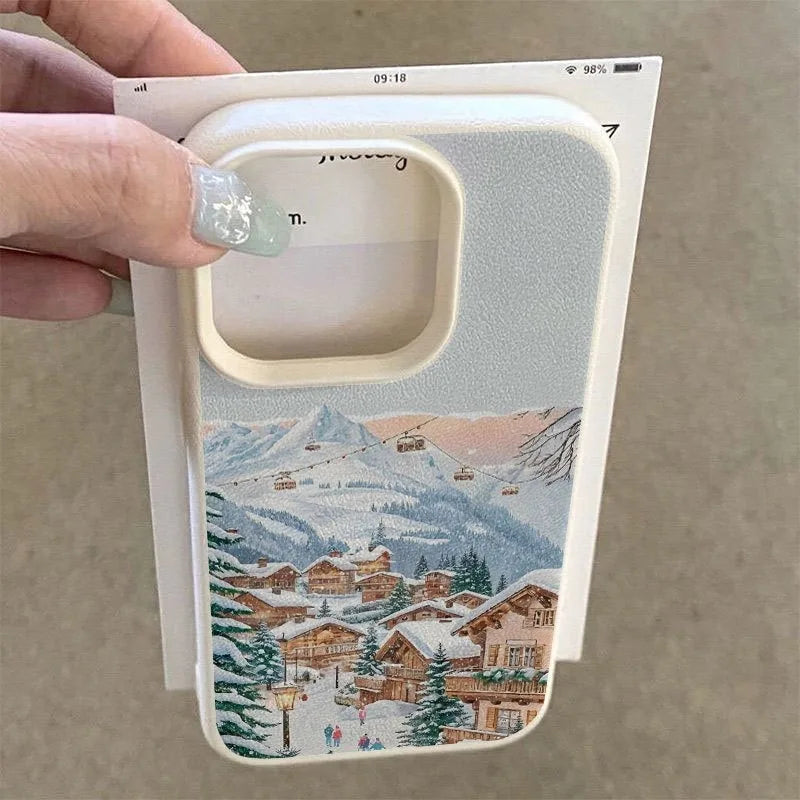 Skiing Town Winter Lychee Case for iPhone 17 16 15 14 13 Pro Max