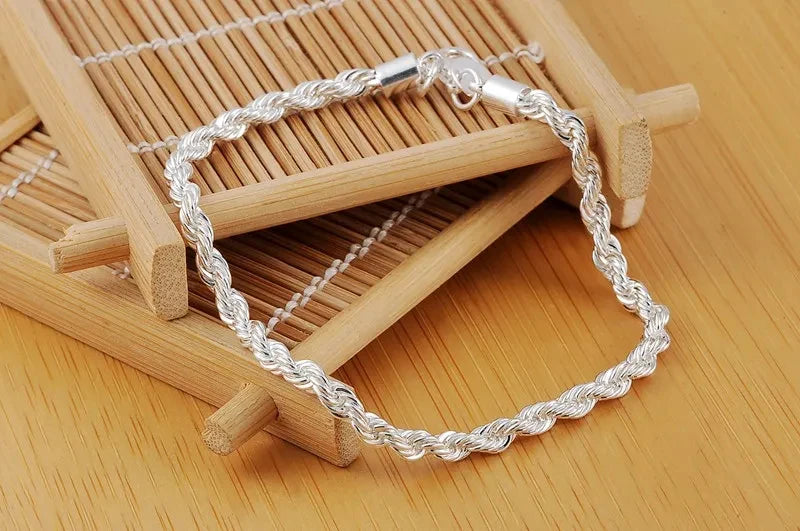 4mm Twisted Rope Chain Bracelet 925 Sterling Silver Men Women Christmas Gift
