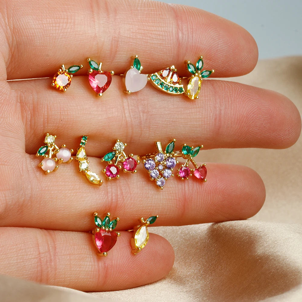 12 Styles Crystal Zircon Mini Fruit Stud Earrings Stainless Steel