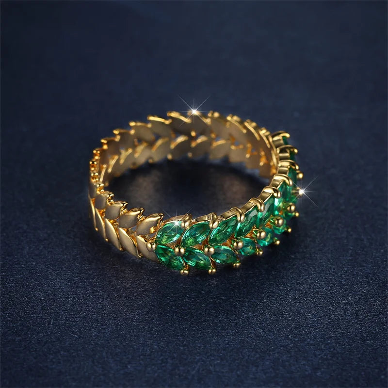 Luxury Female Green Pink Leaf Zircon Jewelry Gold Color Engagement Rings For Women Charm Bride Vintage Promise Wedding Bands