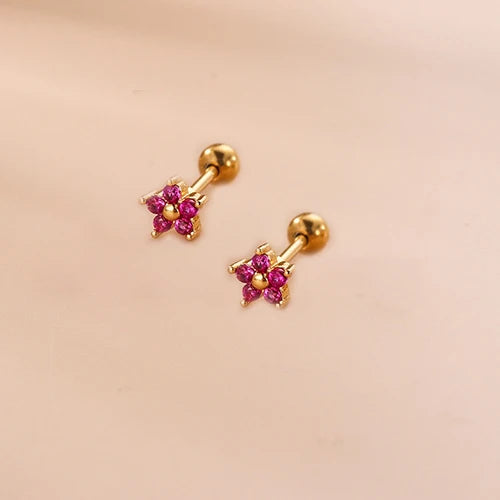 2PCS New Stainless Steel Rose Red Mini Piercing Stud Earrings