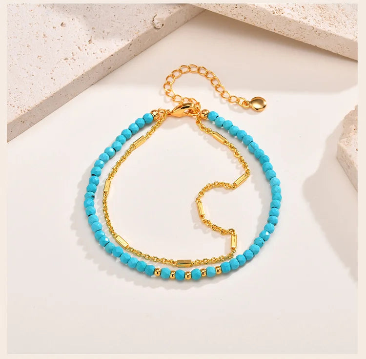 Turquoise Bracelet for Women, Double Chain Round Beaded Bracelet, Tarnish Free Gold Plated Jewelry Gift
