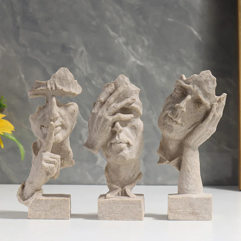 16cm Set of 3 Abstract Sculpture Resin Silence Is Gold Statue Office Bookshelf Object