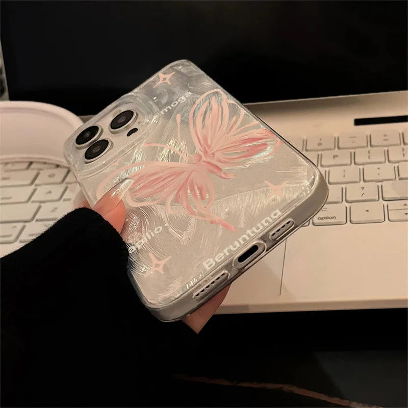 Pink Butterfly Laser Case for iPhone 16 15 14 13 12 11 Pro Max Plus XR XS