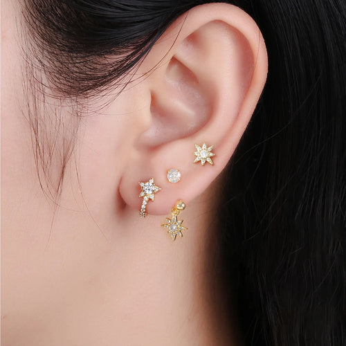 3PCS Gold Sparkling Zircons Star Dangle Earrings Set for Women
