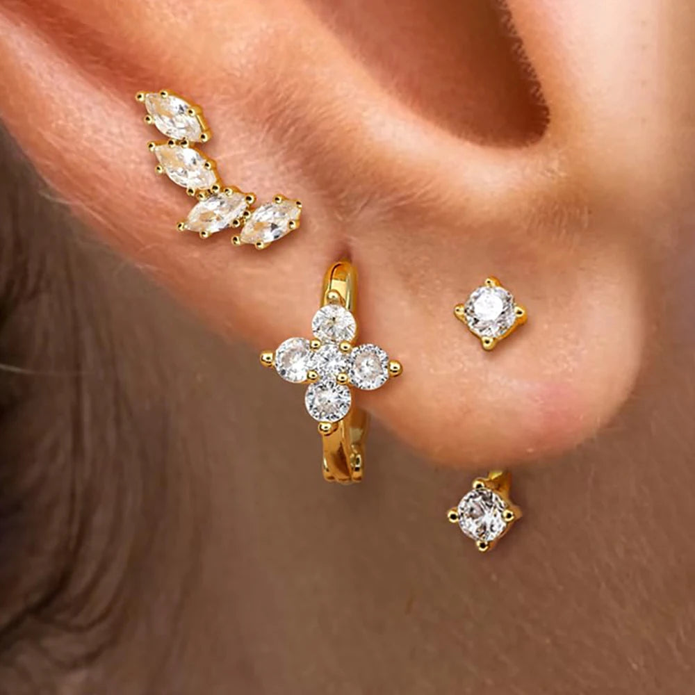 3PCS Korean Stainless Steel Butterfly Crystal Zirconia Hoop Earrings
