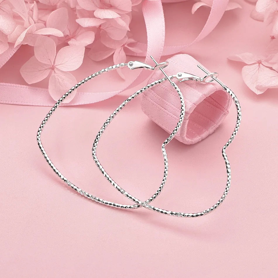 925 Sterling Silver Heart & Round Hoop Earrings Women Charm Party Jewellery