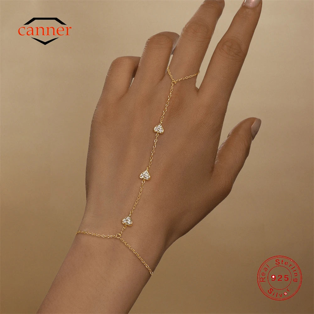 925 Sterling Silver Heart Petal CZ Zircon Minimalism Hand Chain Bracelet