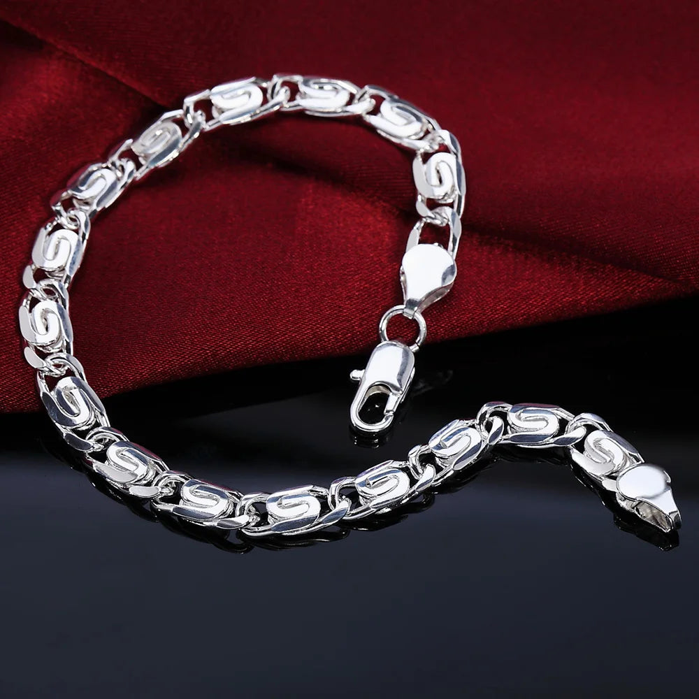 Classic Flat Sideways Chain Bracelet 925 Sterling Silver Men Women Jewellery