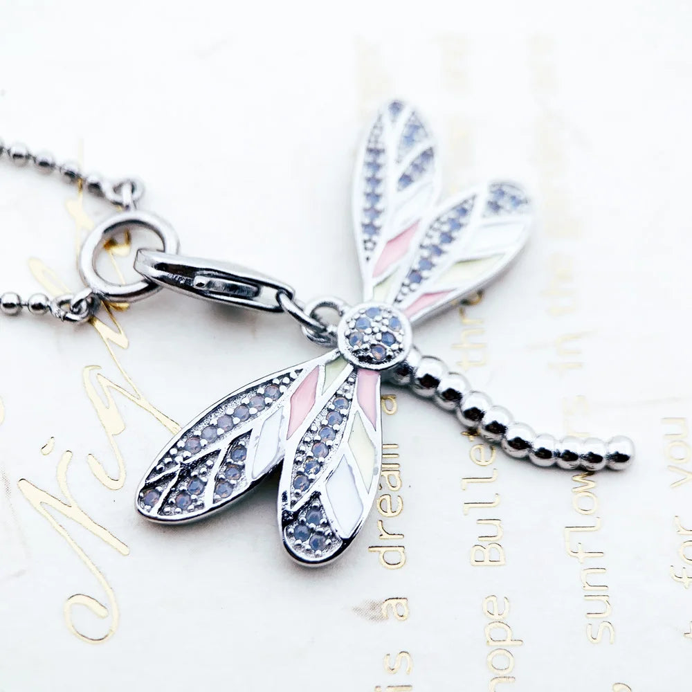 Pink Dragonfly Charm Necklace 925 Sterling Silver Filigree Jewellery Gift
