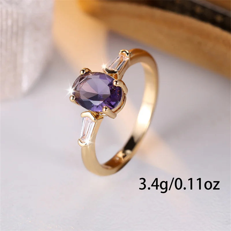 Charm Oval Purple Stone Rings For Women Minimalist Gold Color Zircon Wedding Bands Stacking Engagement Finger Ring Jewelry Gifts