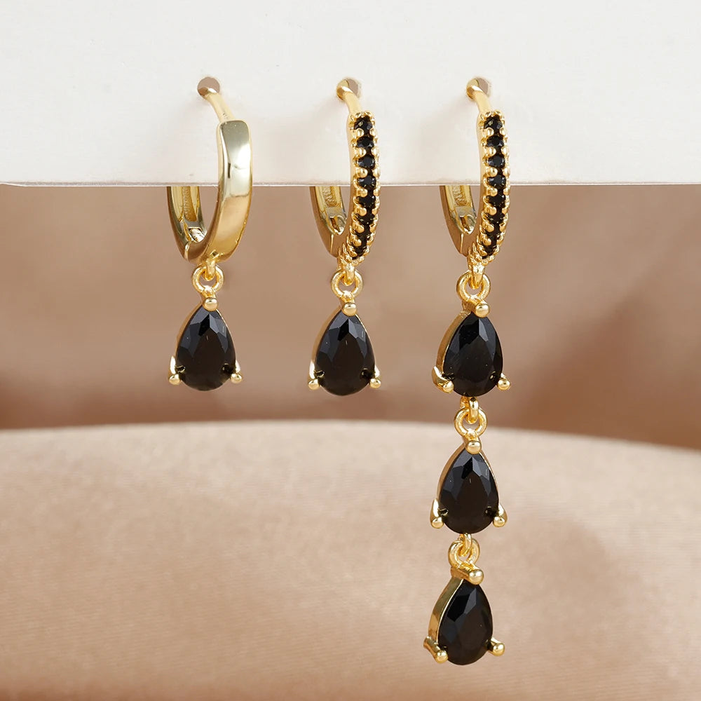 3PCS Stainless Steel Zircon Water Drop Hoop Earrings 18K Gold Heart