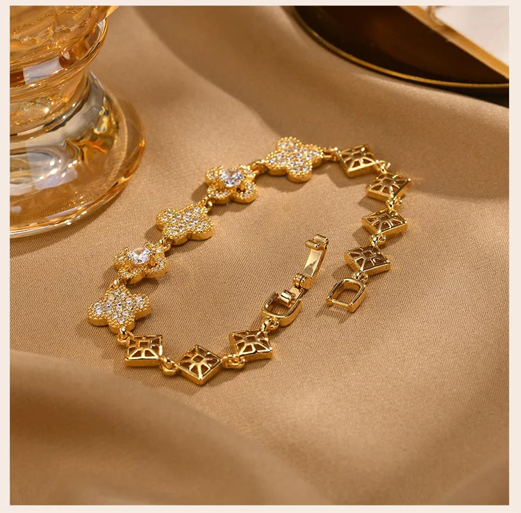 Cubic Zirconia Floral Bracelet for Women18k Gold Plated Link Statement Jewelry