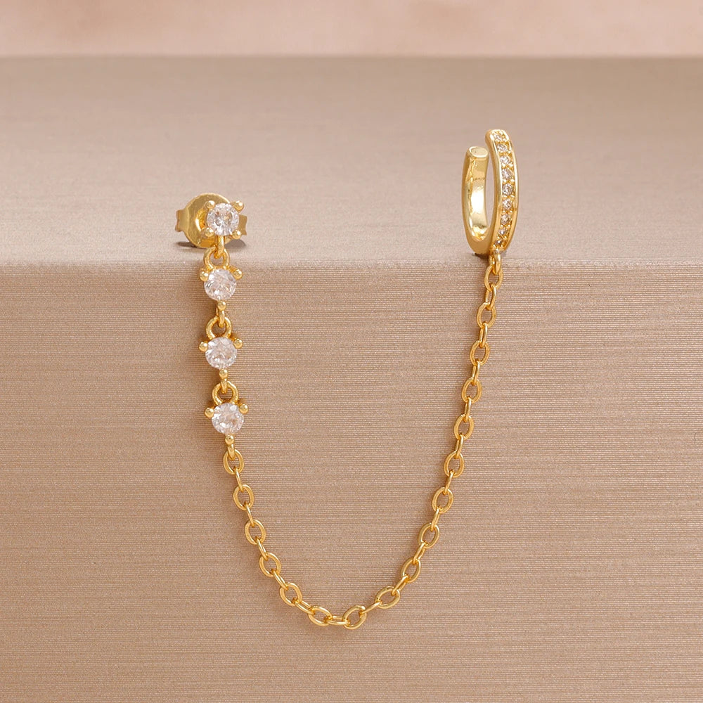 1PC Simple Stainless Steel Gold Colour Chain Tassel Zircon Stud