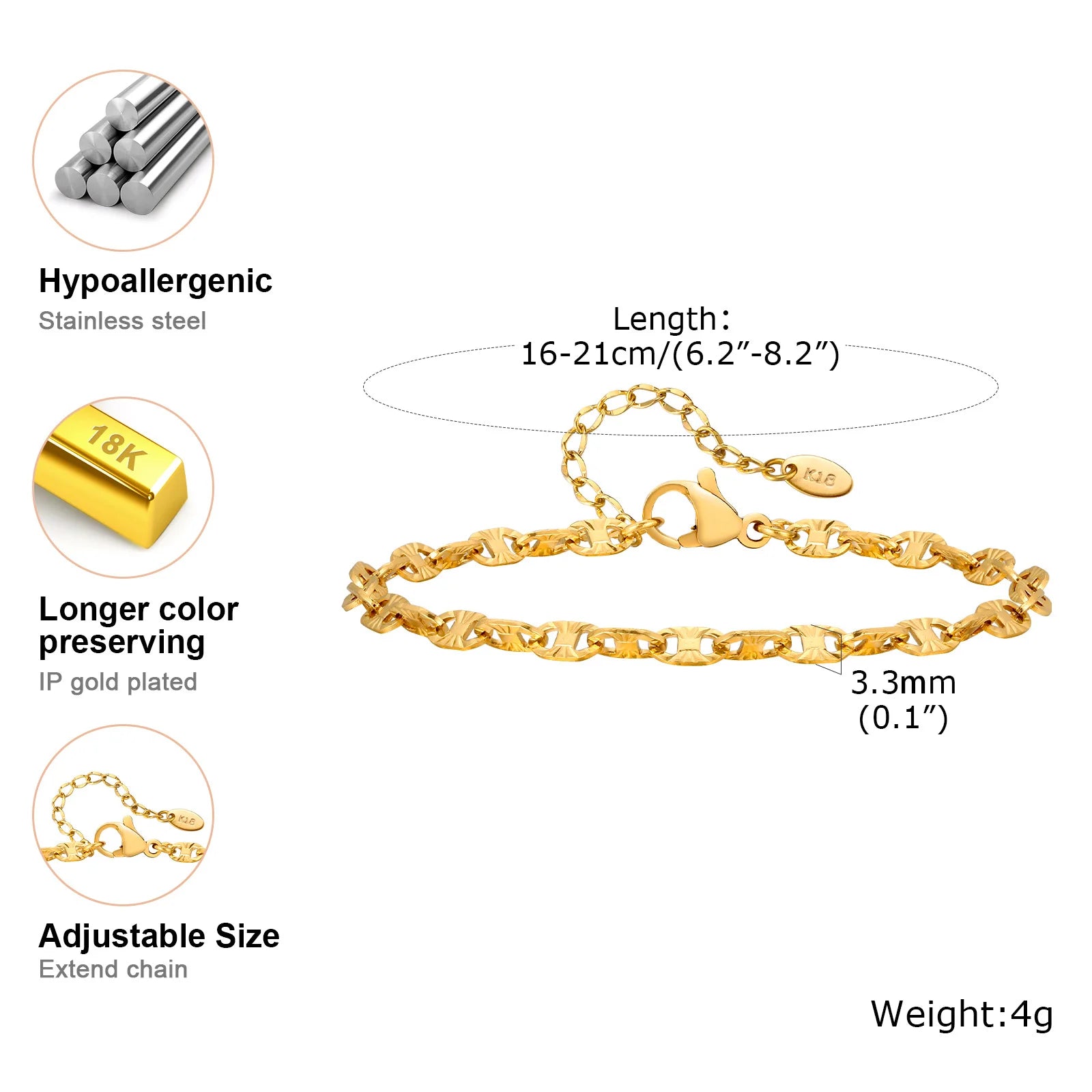 Gold Plated Link Bracelet for Women, Stainless Steel Stackable Chain Wristband, Adjustable Waterproof Jewelry