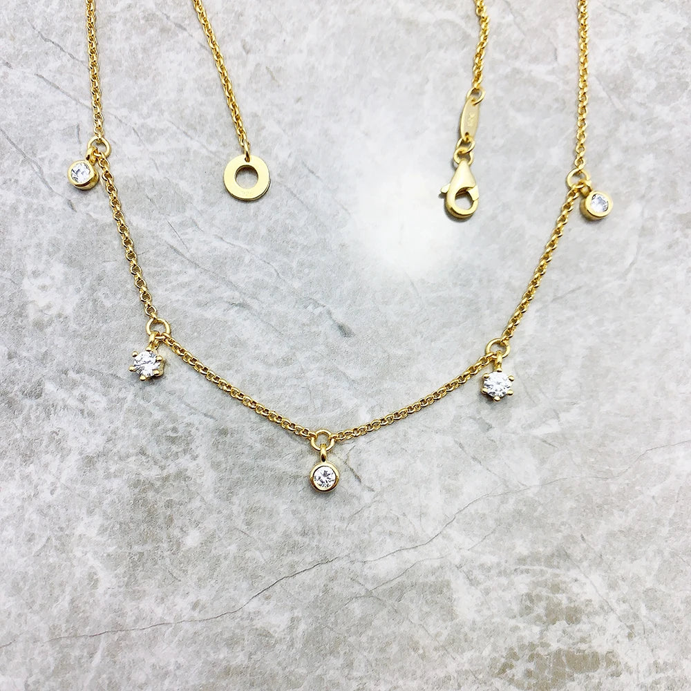 Gold Link Chain Necklace White Stones 925 Sterling Silver Trendy Jewellery