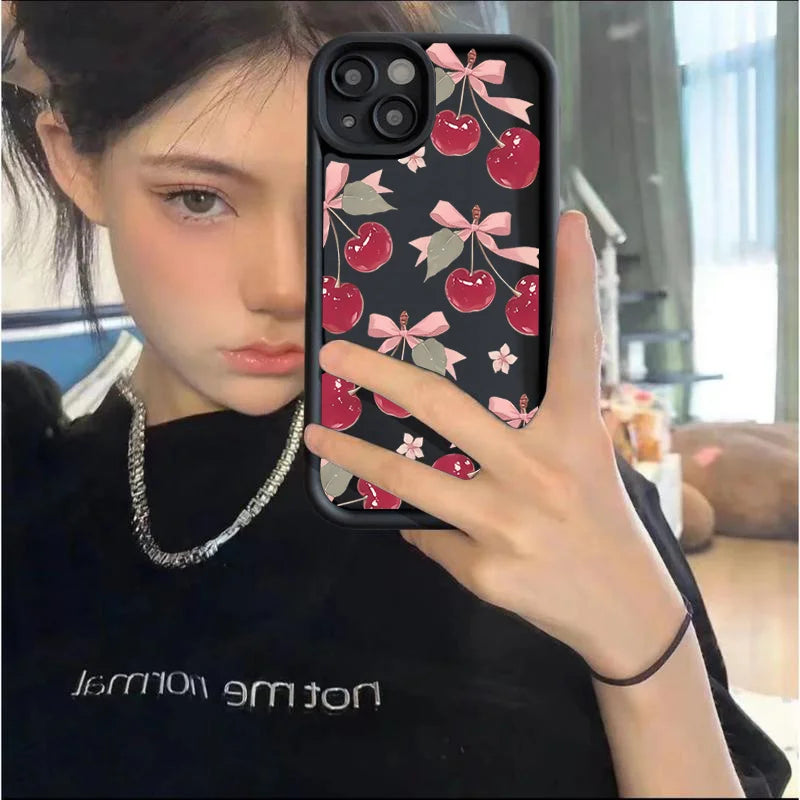 Small Cherry Pattern Case for iPhone 17 16 15 14 13 12 11 Pro Max XR XS Mini