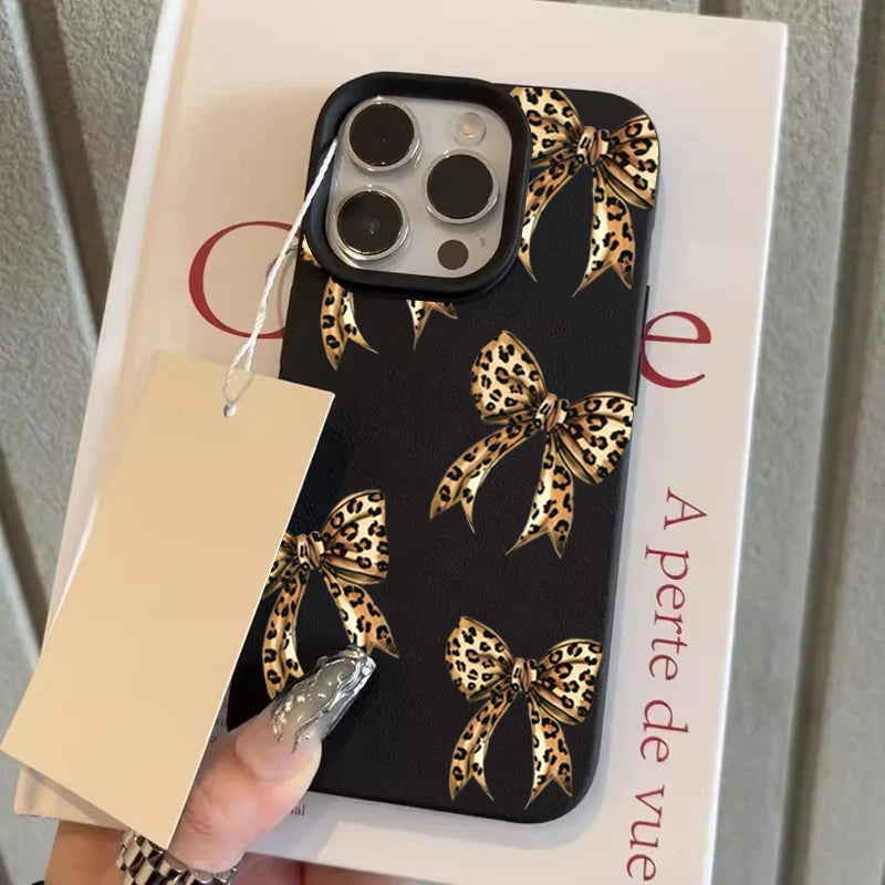 Brown Leopard Bow Lychee Case for iPhone 17 16 15 14 13 Pro Max