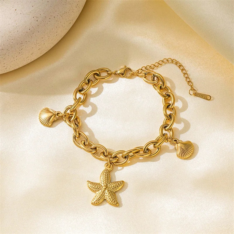 Gold Colour Starfish Moon Star Stainless Steel Charm Bracelet Trendy