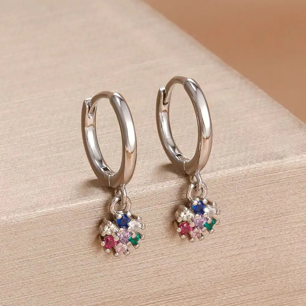 Exquisite Colourful Crystal Flower Hoop Earrings Stainless Steel