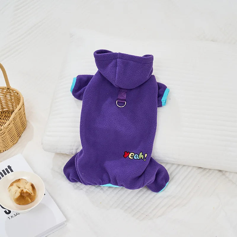 Winter Fleece Dog Jumpsuit Hoodie Warm Puppy Coat with D-Ring Outfit
