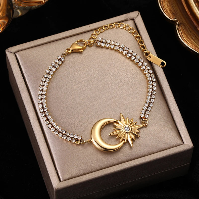 Hexagram Moon Charm Stainless Steel Bracelet Zircon Crystal Jewellery