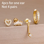 4pcs Korean Stainless Steel Zircon Water Drop Piercing Earrings Set