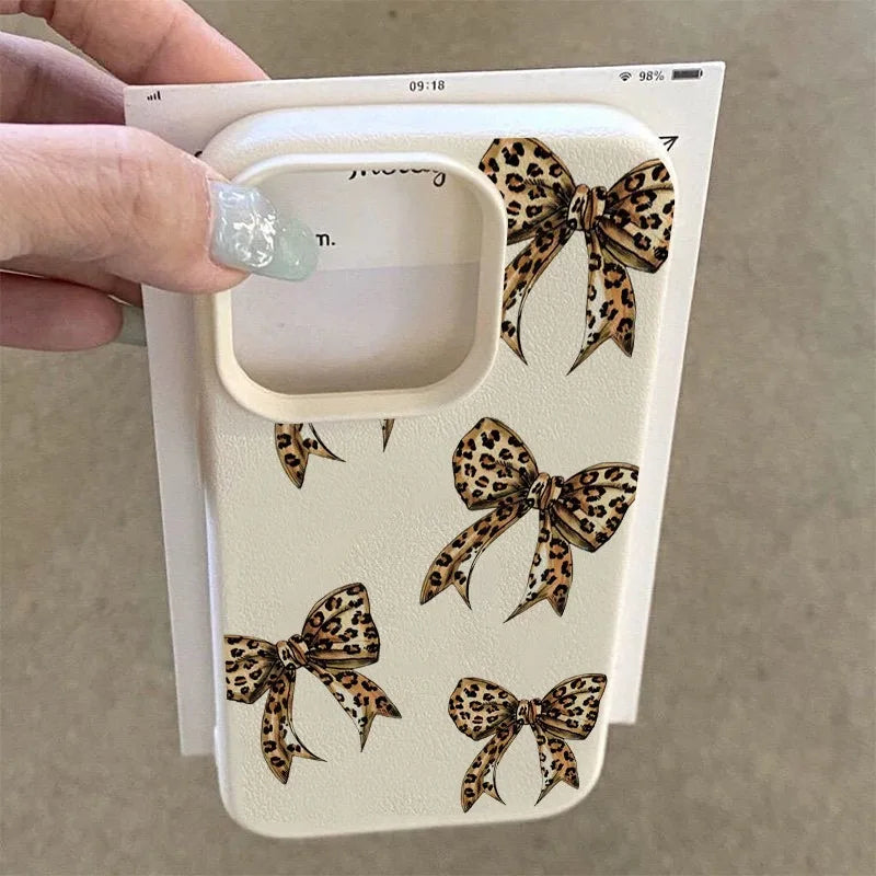 Brown Leopard Bow Lychee Case for iPhone 17 16 15 14 13 Pro Max