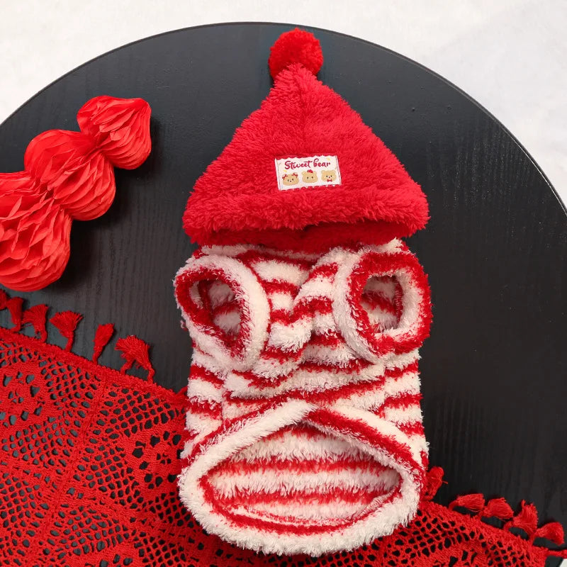 Instagrammable Pet Hoodie, Red Striped Dog Cat Vest, Cute Matching Outfit for Daily Fashion, Cozy Knit Wear with Hood for Puppy