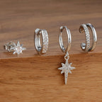 4pcs Stainless Steel Cubic Zirconia Star Dangle Earring Set Clips