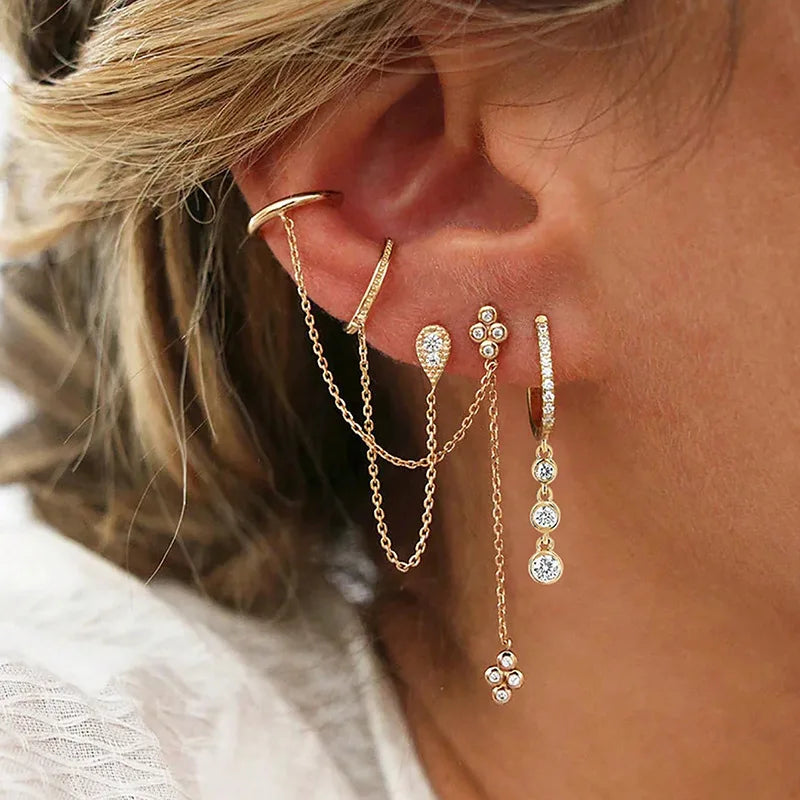 Stainless Steel Gold Colour Chain Dangle Drop Earrings Clip Earring