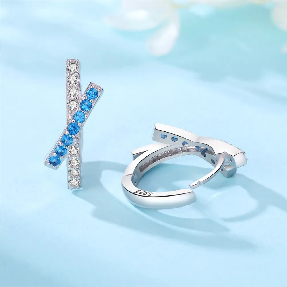 925 Sterling Silver Blue White Cross Versatile Hoop Earrings Birthday Gift