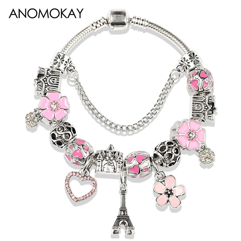 Romantic Pink Heart Charm Bracelet Fine Crystal DIY Bead Bangle Gift