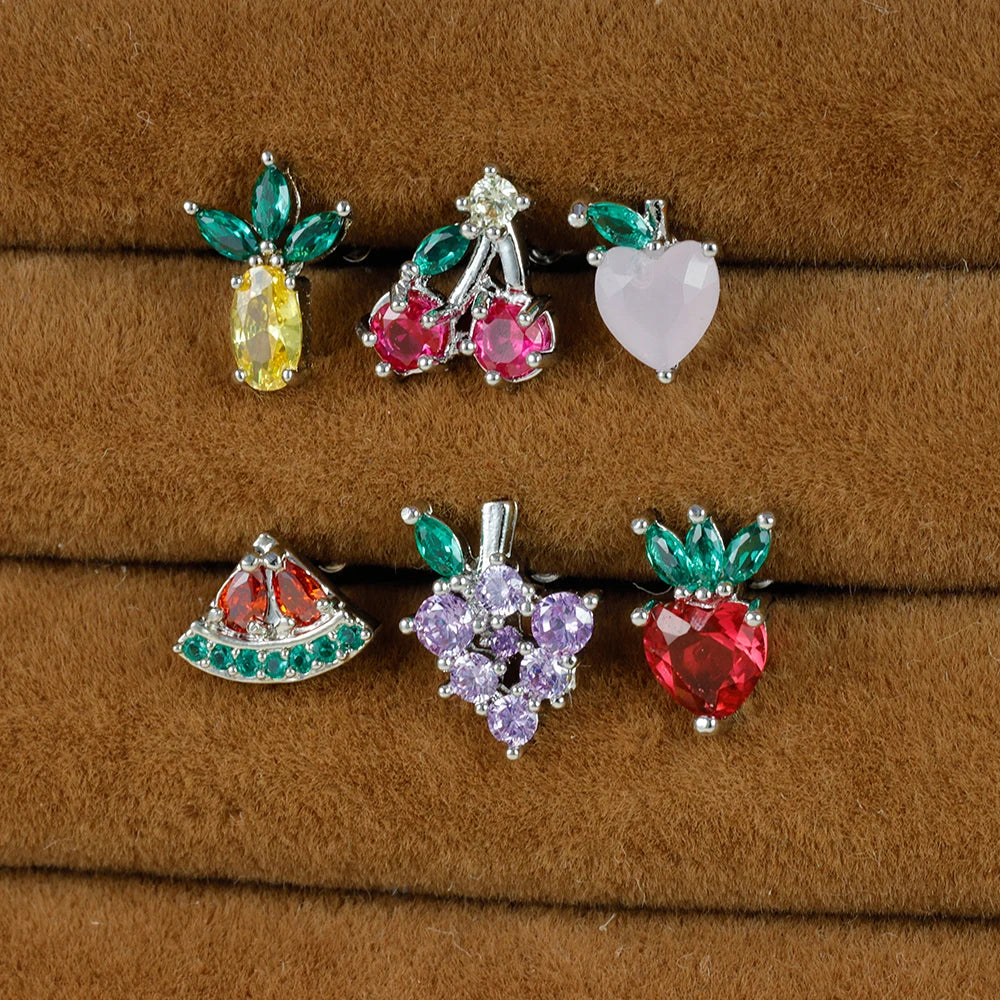 12 Styles Crystal Zircon Mini Fruit Stud Earrings Stainless Steel