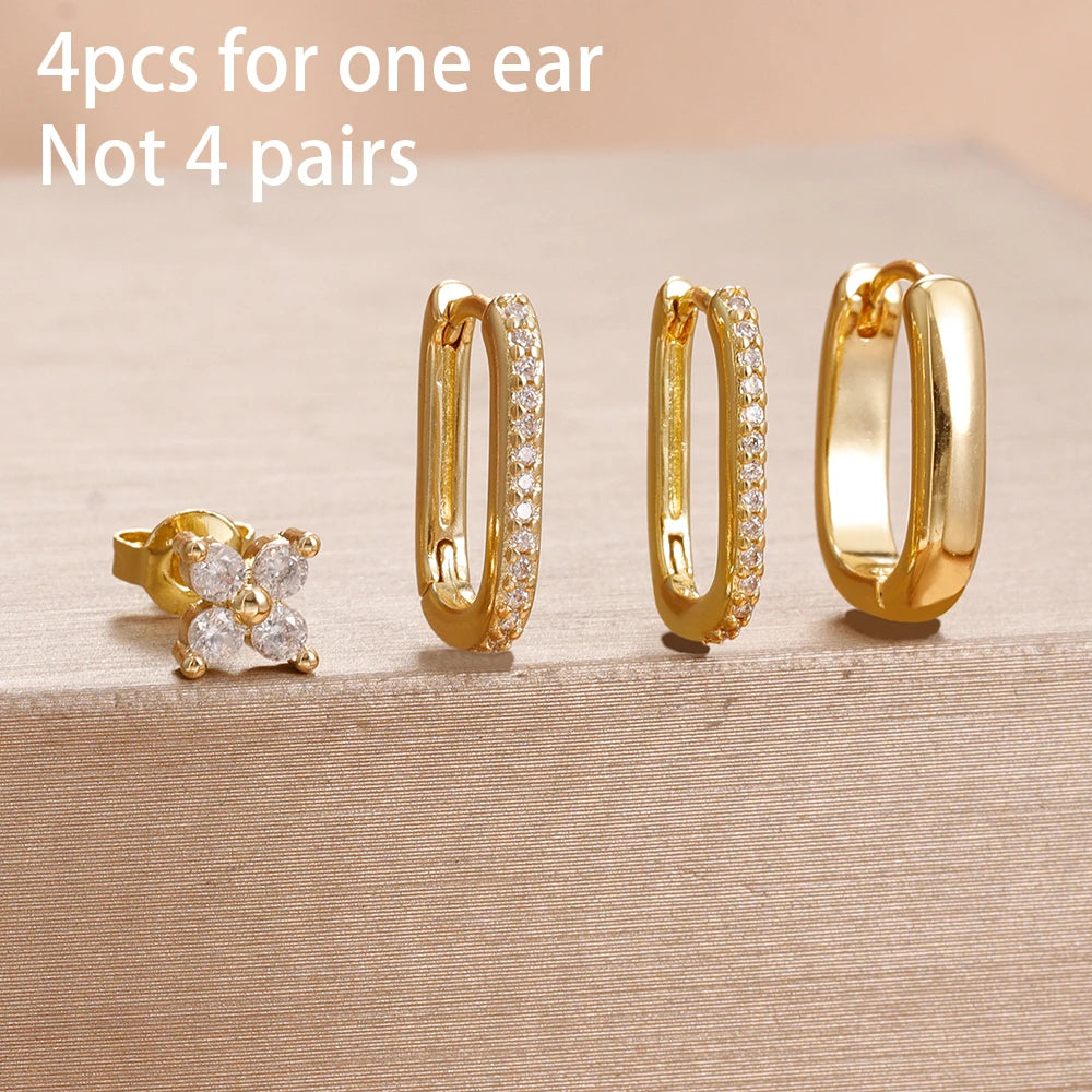 4PCS Star Moon Stainless Steel Zircon Stud Earrings 14K Gold Plated