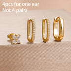 4PCS Star Moon Stainless Steel Zircon Stud Earrings 14K Gold Plated