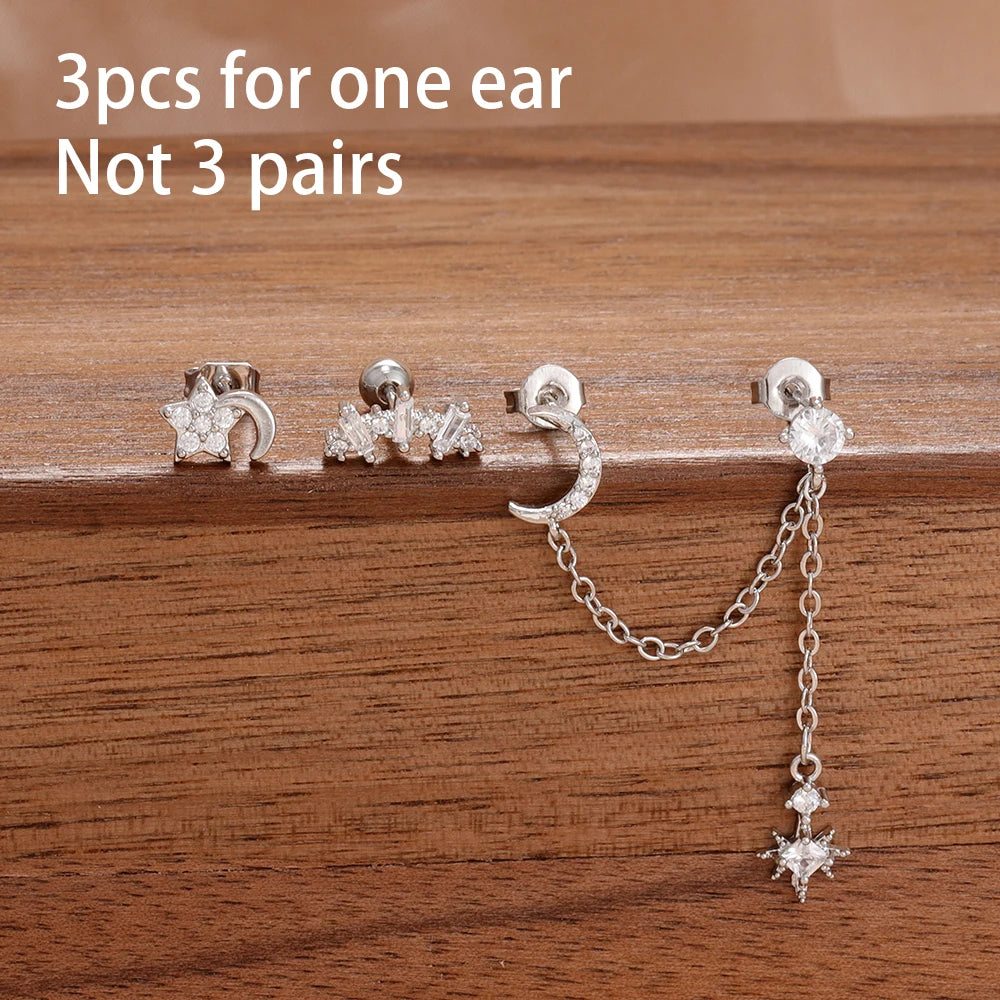 3PCS Stainless Steel Fashion Tassel Chain Stud Piercing Earrings Set