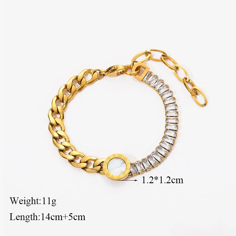 Heart Roman Numeral Zircon Bead Stainless Steel Snake Bone Bracelet