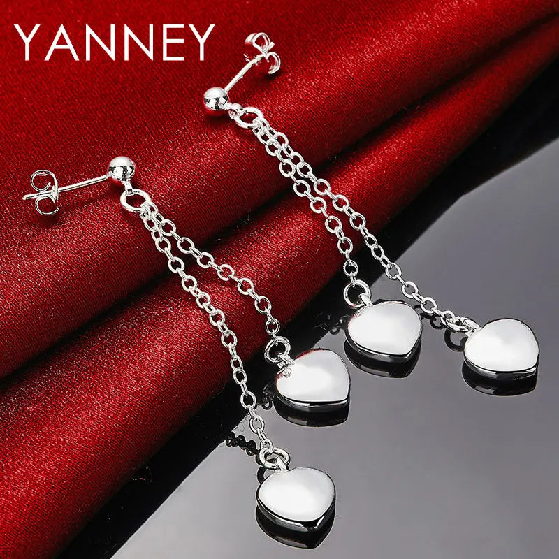 925 Sterling Silver 45mm Tassel Heart Earrings Women Wedding Engagement Gift