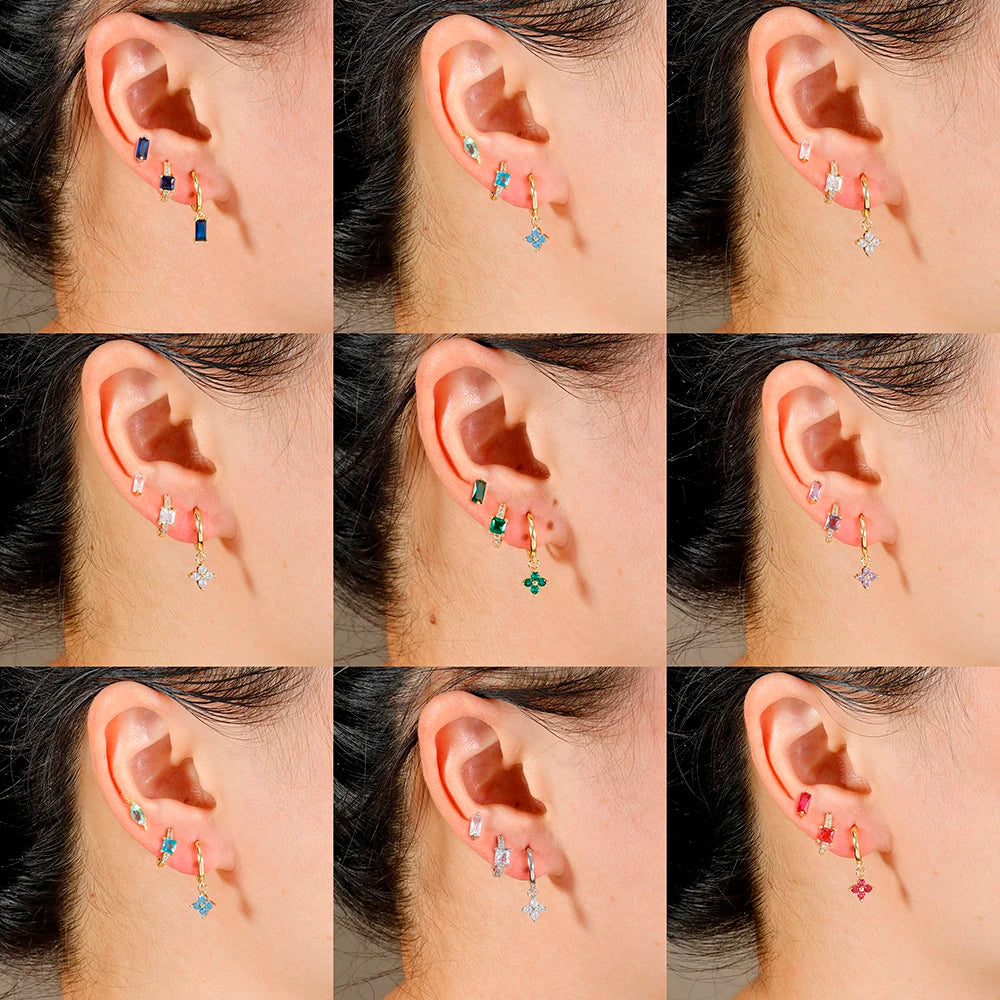3PCS Stainless Steel Flower Crystal Zirconia Hoop Earrings Square