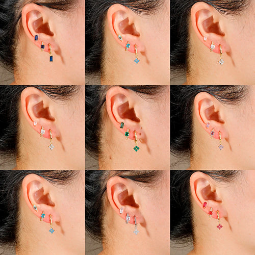 3PCS Stainless Steel Flower Crystal Zirconia Hoop Earrings Square