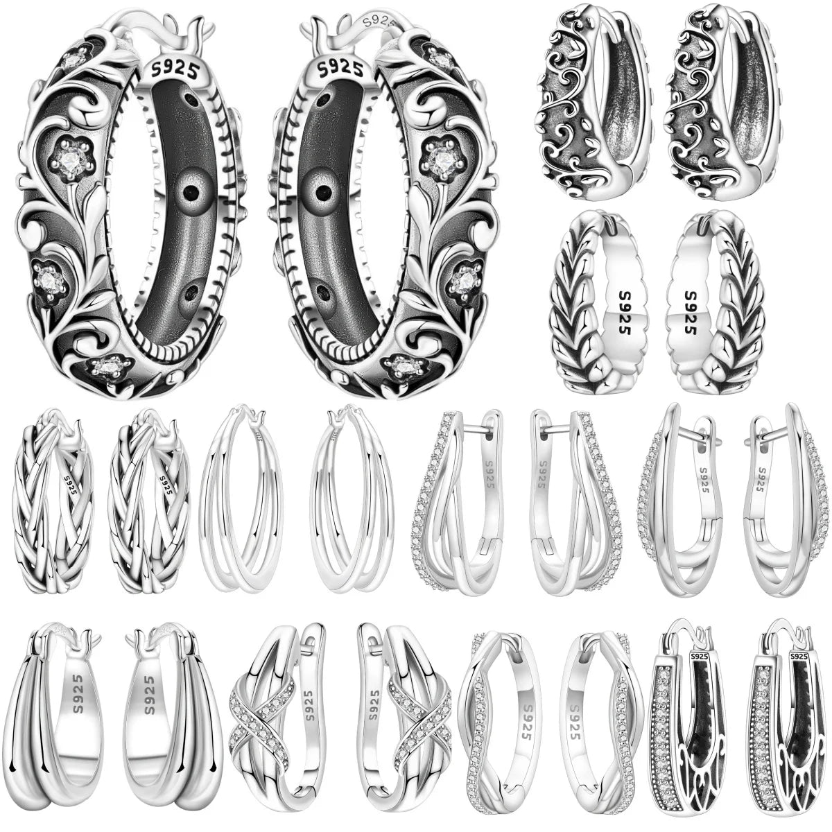 925 Sterling Silver Curled Grass Pattern Flower Hoop Earrings Women's Jewellery