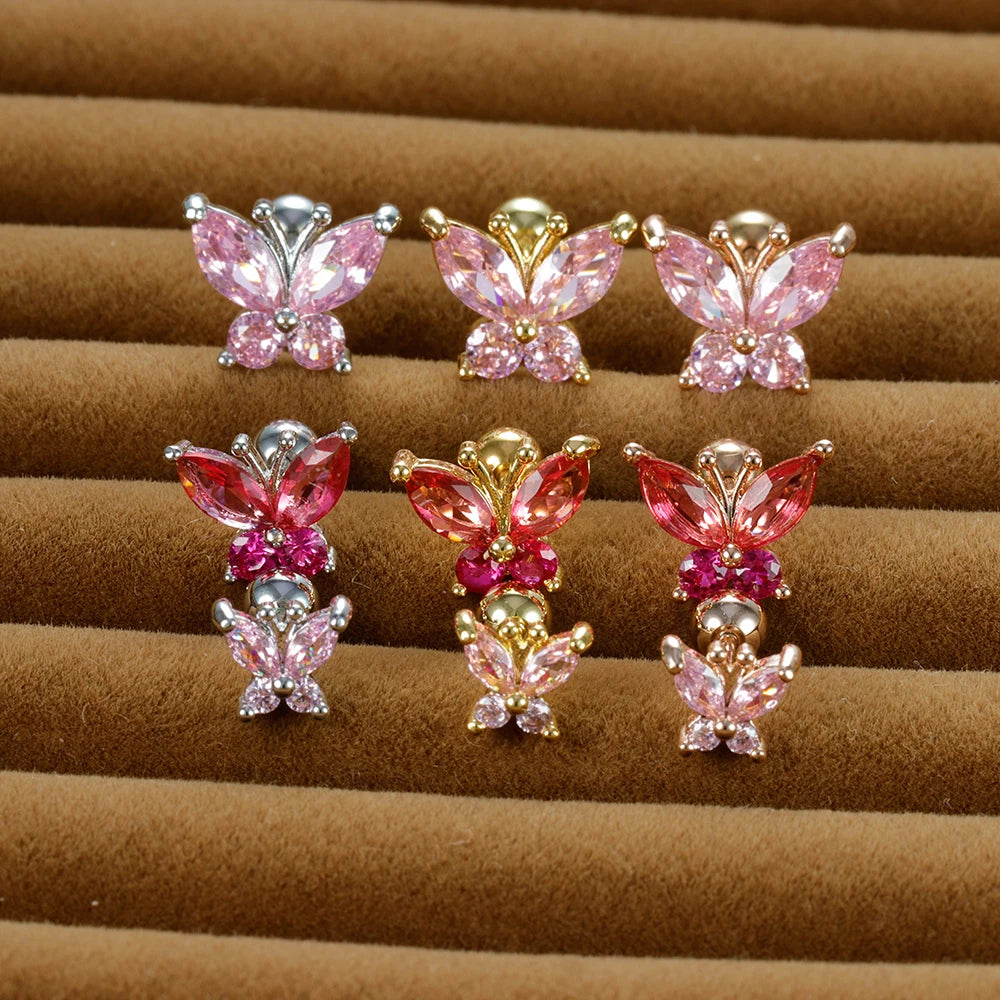 1PC Stainless Steel Tragus Helix Butterfly Piercing Earrings Pink