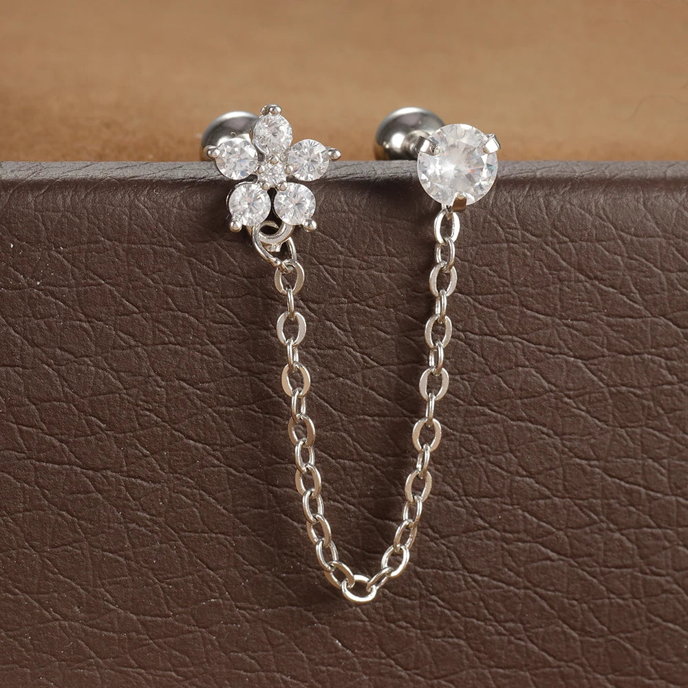 Stainless Steel Zircon Crown Stud Earrings Women 18K Gold Double Studs