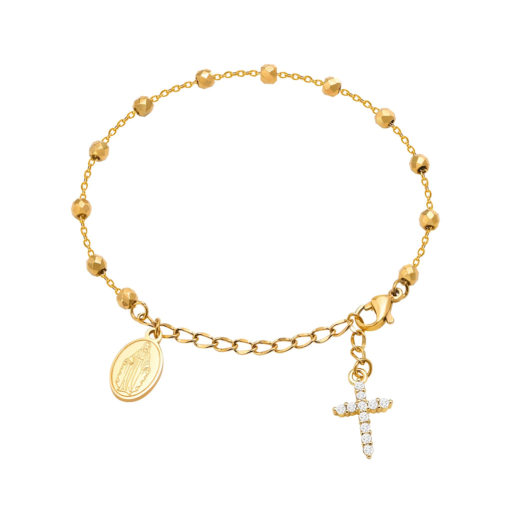 Stainless Steel Virgin Mary St Benedict Cross Bracelet, Bead Chain Bracelet Women Religious Jewelry