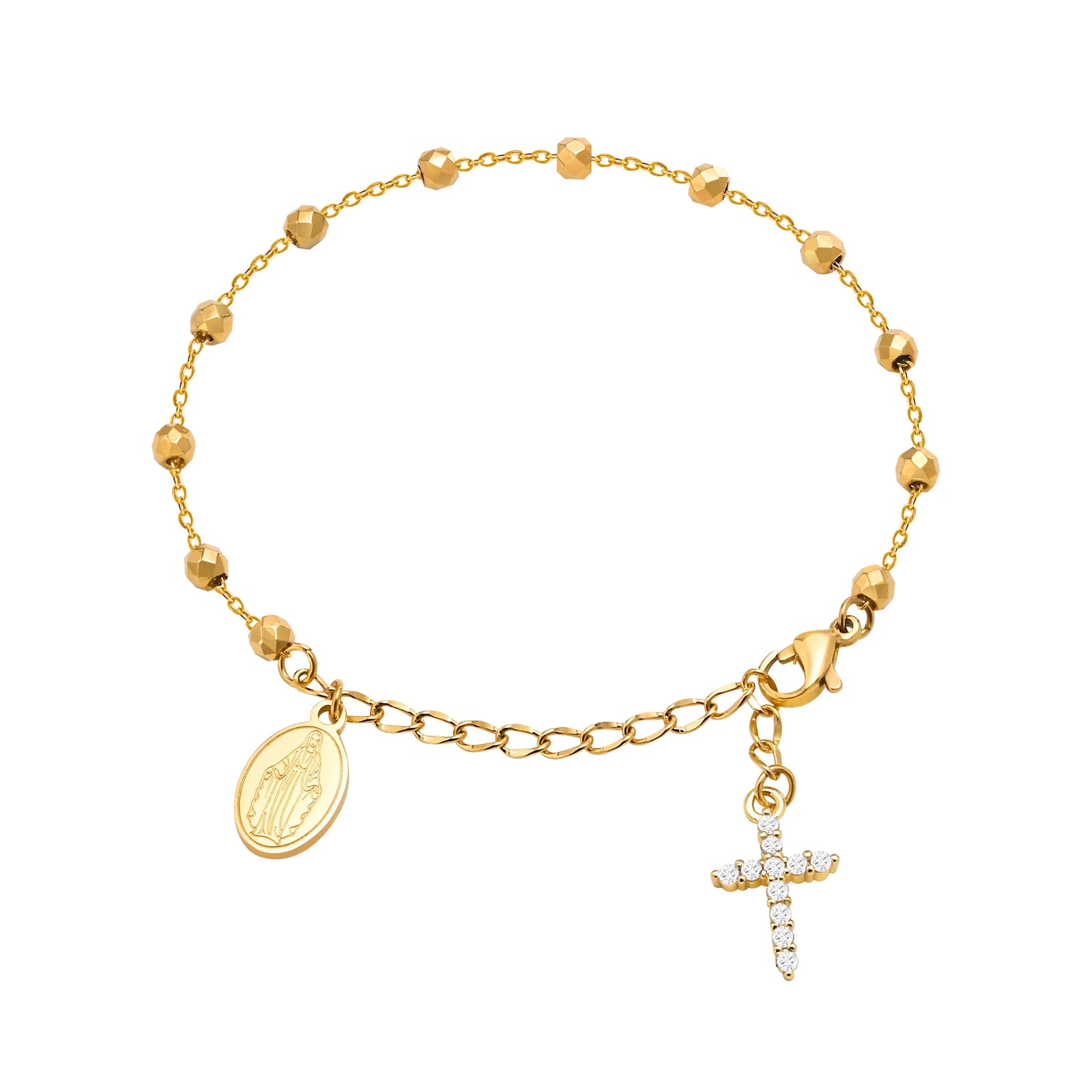 Stainless Steel Virgin Mary St Benedict Cross Bracelet, Bead Chain Bracelet Women Religious Jewelry